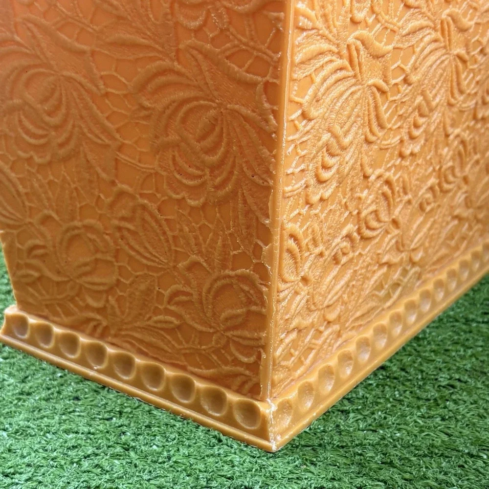Vtg Max Klein Gold Lace Trash Can MCM Floral Ruffle Plastic Waste Basket Bathrm
